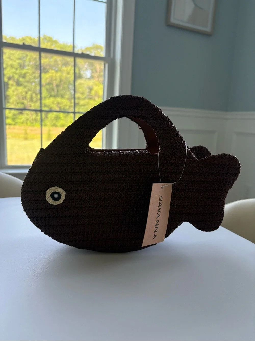 Dark Brown Straw Woven Fish Tote Bag